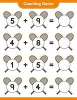 compter et faire correspondre, compter le nombre de raquettes de badminton et faire correspondre les bons numéros. jeu éducatif pour enfants, feuille de calcul imprimable, illustration vectorielle vecteur