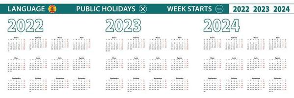 modèle de calendrier simple en espagnol pour 2022, 2023, 2024 ans. la semaine commence à partir du lundi. vecteur