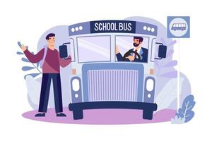 garçon entrant dans le concept d'illustration d'autobus scolaire sur fond blanc vecteur