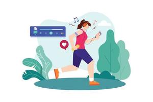 femme écoutant un podcast tout en faisant du jogging concept d'illustration. illustration plate isolée sur fond blanc vecteur