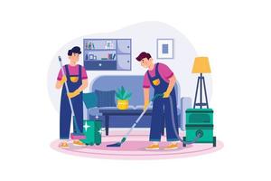 travailleur masculin faisant l'aspirateur sur le sol propre dans le salon