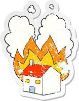 autocollant en détresse d'une maison en feu de dessin animé vecteur