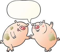 cochons de dessin animé dansant et bulle de dialogue dans un style de dégradé lisse vecteur