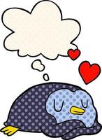 pingouin de dessin animé amoureux et bulle de pensée dans le style de la bande dessinée vecteur