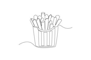 une seule ligne dessinant des frites ou des pommes de terre frites dans une boîte en carton. concept de la journée mondiale de l'alimentation. illustration vectorielle graphique de conception de dessin en ligne continue. vecteur