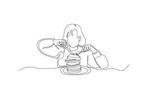 une seule ligne dessinant une jeune belle fille qui mange un sandwich. concept de la journée mondiale de l'alimentation. illustration vectorielle graphique de conception de dessin en ligne continue. vecteur