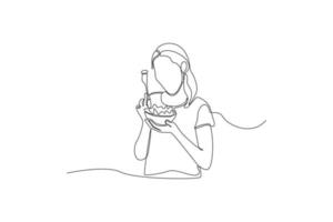 une seule ligne dessinant une jeune fille fraîche mangeant de la salade dans un bol. concept de la journée mondiale de l'alimentation. illustration vectorielle graphique de conception de dessin en ligne continue. vecteur