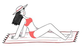 une fille en maillot de bain et un chapeau prend un bain de soleil sur la plage. le personnage est une femme dans un style de doodle linéaire. illustration vectorielle. vecteur