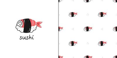 modèle sans couture avec des rouleaux de sushi aux crevettes et une carte postale avec du texte de sushi. illustration vectorielle de la cuisine asiatique. vecteur