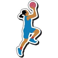 autocollant d'illustration, fille de basket-ball pose sauter lancer la balle vecteur