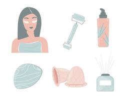 ensemble de routine du matin. fille avec des patchs contre les poches et les ecchymoses sous les yeux. produits de beauté. articles de massage et de drainage lymphatique. skinimisme. rituels de beauté. illustration vectorielle, plat vecteur