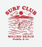 main vintage dessiner illustration d'étiquette de club de surf vecteur
