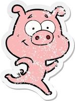 autocollant en détresse d'un cochon de dessin animé heureux en cours d'exécution vecteur