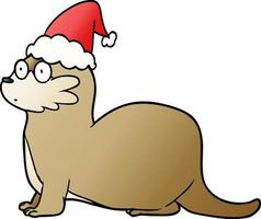 dessin animé dégradé d'une loutre portant un bonnet de noel vecteur