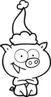 joyeux cochon assis dessin au trait d'un bonnet de noel portant vecteur