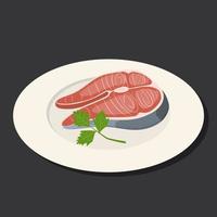 steak de saumon au persil sur une assiette blanche. illustration vectorielle. vecteur