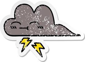 autocollant en détresse d'un nuage d'orage de dessin animé mignon vecteur
