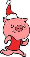 heureux dessin au trait d'un cochon qui court portant un bonnet de noel vecteur