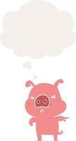 dessin animé cochon en colère et bulle de pensée dans un style rétro vecteur