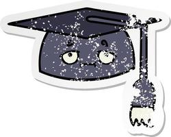 autocollant en détresse d'un chapeau de graduation de dessin animé mignon vecteur