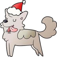 dessin animé dégradé d'un chien heureux portant un bonnet de noel vecteur