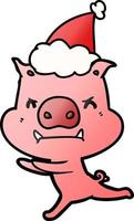 caricature de gradient en colère d'un cochon portant un bonnet de noel vecteur