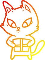 dessin de ligne de gradient chaud chat de dessin animé confus avec cadeau vecteur