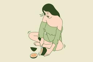 illustrations belle jeune femme coupant le melon en journée d'été avec un couteau sur le terrain vecteur