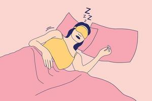 illustrations de la belle jeune femme avec un masque de sommeil aiment dormir sur le lit vecteur