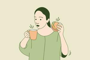 illustrations belle jeune fille heureuse de manger un burger au fromage et boire du café vecteur
