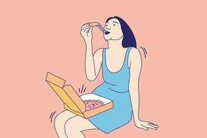 illustrations belle jeune femme assise et mangeant une pizza au fromage vecteur