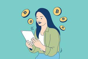 illustrations d'une belle jeune femme vérifiant une tablette pour échanger de la crypto-monnaie vecteur