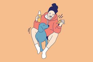 illustrations belle jeune femme buvant du soda sucré et mangeant de la malbouffe au lit avec son chien vecteur