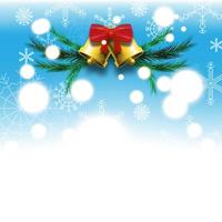 noël et nouvel an festival fond bleu avec flocons de neige blancs cloches dorées, arc rouge et feuilles de pin vert, illustration vectorielle vecteur