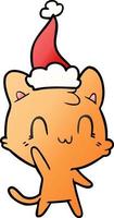 dessin animé dégradé d'un chat heureux portant un bonnet de noel vecteur