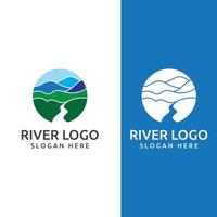 logos de rivières, ruisseaux, berges et ruisseaux. logo de rivière avec combinaison de montagnes et de terres agricoles avec modèle d'illustration vectorielle de conception de concept. vecteur