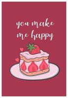 jolie carte de saint valentin avec gâteau aux fraises. graphiques vectoriels. vecteur