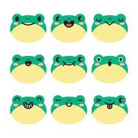 ensemble de divers avatars d'expressions faciales de grenouille verte. adorable illustration vectorielle de tête d'animal bébé mignon. conception simple d'émoticône de visage de dessin animé animal souriant heureux. isolé, fond blanc. vecteur