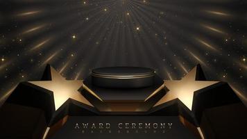 podium d'affichage de produit et étoile dorée 3d sur fond de luxe noir avec décoration d'effets de lumière. concept de scène de cérémonie de remise des prix.