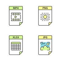 ensemble d'icônes de couleur de format de fichiers. fichiers multimédias, images, feuilles de calcul. mp4, png, xlsx, jpg. illustrations vectorielles isolées vecteur