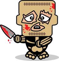 illustration de vecteur de dessin animé de personnage de mascotte d'os de cuir mignon tenant un couteau sanglant