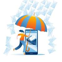 la fille au parapluie protège le serveur de messagerie du smartphone contre le spam. illustration vectorielle sur le thème de la cybersécurité et de la lutte contre les mailings malveillants. vecteur