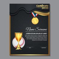 conception de certificat de baseball avec vecteur de jeu de coupe d'or. base-ball. modèle de récompense sportive