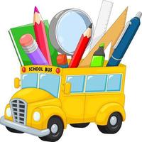 autobus scolaire avec dessin animé de fournitures scolaires vecteur