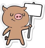 autocollant d'un cochon cartoon heureux avec pancarte vecteur