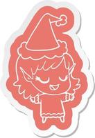 autocollant de dessin animé heureux d'une fille elfe portant un bonnet de noel vecteur