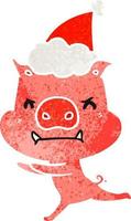 dessin animé rétro en colère d'un cochon portant un bonnet de noel vecteur