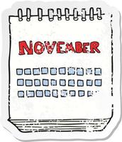 autocollant rétro en détresse d'un calendrier de dessin animé montrant le mois de novembre vecteur