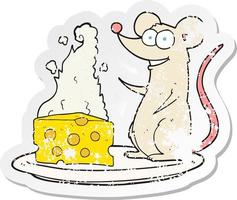 autocollant rétro en détresse d'une souris de dessin animé avec du fromage vecteur