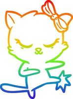 ligne de gradient arc-en-ciel dessinant un chat de dessin animé mignon avec un arc vecteur